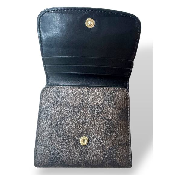 Coach Small Tri-Fold Wallet Black Leather & Signature Canvas Card Holder - Picture 3 of 13